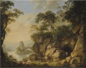 A Rocky River Landscape With Figures Conversing In The Foregoundand Ruins Beyond by George Mullins