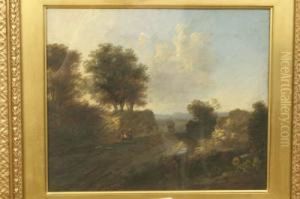 Travellers Resting, With Gypsy Caravan In Distance by George Mullins