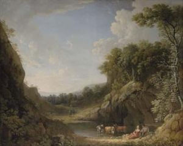 Rocky Wooded Landscape With Figures And Cattle By A Pool In The Foreground - view 1