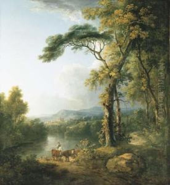 An Extensive Wooded River Landscape With A Mounted Herdsman Andcattle In The Foreground - view 1