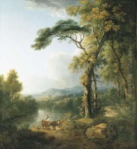 An Extensive Wooded River Landscape With A Mounted Herdsman Andcattle In The Foreground by George Mullins