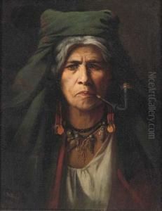 A Native American Woman Smoking A Pipe