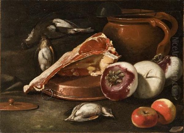 Bistecca, Mele, Rape, Cacciagione Di Penna E Vaso Di Coccio Con Mestolo, Su Un Tavolo - view 1