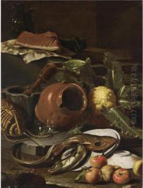 Natura Morta Con Pesce, Brocca Di Vetro, Pezzo Di Carne Su Foglio Di Carta, Cavolo, Orcio Di Rame, Mortaio Con Pestello, Fiasco Di Vino, Piatti, Pesce, Mele E Arancia - view 1