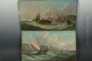 A Pair, Sailing In And Laden Boat In Choppy Seas by J. Mundell