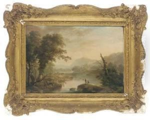 Fishing On A Riverbank With A Castle Beyond by J. Mundell