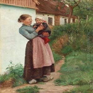 A Woman With Her Child In Front Of A Farm House
