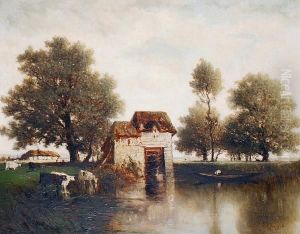 Cattle Watering By A Mill by Gilbert Davis Munger
