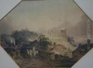 Village Scene With Bridge, Figures And Man On Horseback, With Castellated Country House In Background by J.J. Munne