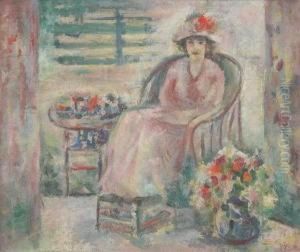 Lady With Hat Seated On Veranda by Sarah Sewell Munroe