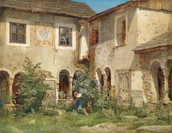 Children Pickingflowers In A Monastery Courtyard - view 1
