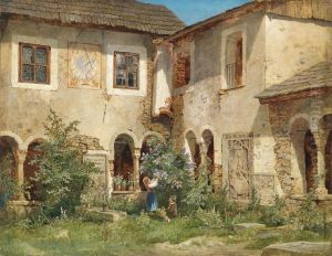 Children Pickingflowers In A Monastery Courtyard by Leopold Munsch