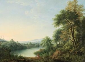Paesaggio Fluviale Boschivo Con Un Pescatore