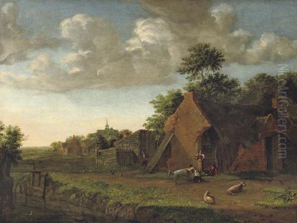 A Landscape With Figures And Livestock In A Farmyard - view 1