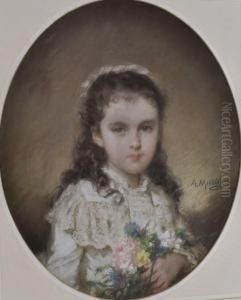 Portrait Of A Young Girl Holding A Bunch Of Flowers by Alphonse Frederic Muraton