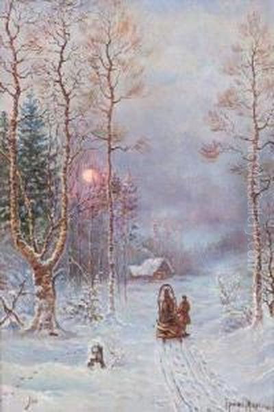 Traineau Dans La Neige Au Paysage Couchant - view 1