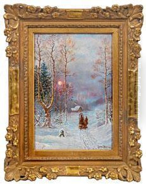 Winterlandschaft Mit Heimkehrendem Jager Im Abendrot - view 1