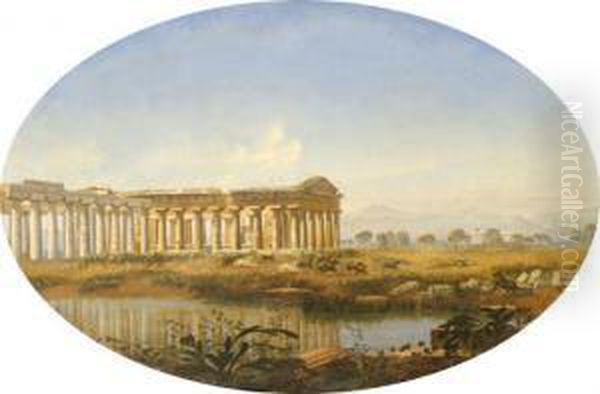 Pestum,mandria Di Cavalli E Cavaliere Al Galoppo Nella Piana Dei Templi,1854 - view 1
