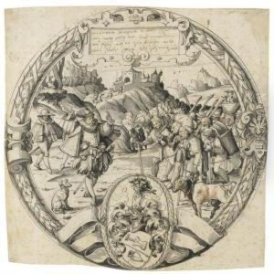 A Roundel With A Historical Scene From And The Arms Of Thomann Ofzurich by Christoph Murer