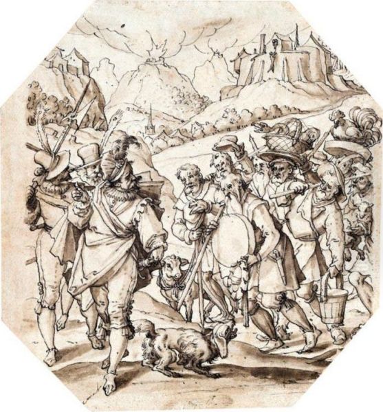 Three Noblemen Leading Villagers To Safety - view 1
