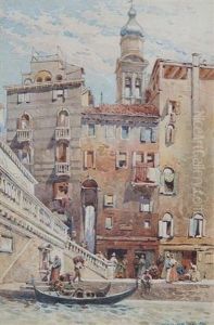 Venetian Canal Scene With Figures Disembarking From A Gondola by Alexander Henry Hallam Murray