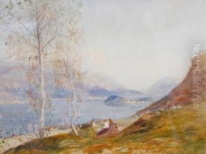 A Woman Seated At Her Easel Painting The Lake And Mountains Before Her by David Murray