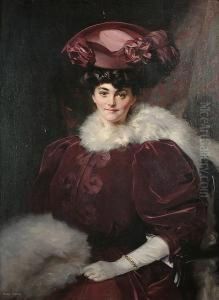 Portrait Of A Lady Seated, Wearing A Purple Dress And White Furs by George Murray