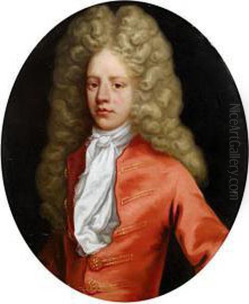 Portrait Of A Gentleman, Half-length, In A Red Coat And A White Jabot; And Portrait Of A Lady, Half-length, In A Blue And Gold Dress And A White Chemise - view 1