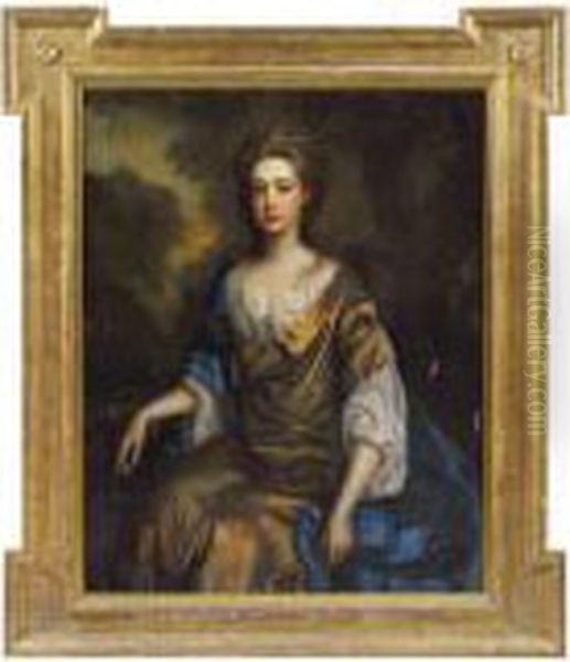 Portrait Of A Lady, Traditionally Identified As Nell Gwynne(1650-1687), Three-quarter-length In A Gold Silk Dress And Bluewrap, In A Landscape - view 1
