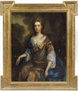 Portrait Of A Lady, Traditionally Identified As Nell Gwynne(1650-1687), Three-quarter-length In A Gold Silk Dress And Bluewrap, In A Landscape by Thomas Murray