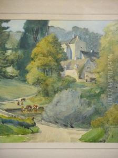Cattle Watering At A Ford Near A Manor - view 1