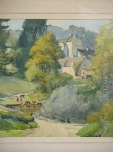 Cattle Watering At A Ford Near A Manor by William Grant Murray