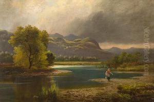 Girl Collecting Water With Mountainousbackdrop