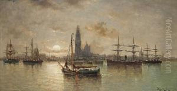 Zeilboten Voor De Rede Van Antwerpen Bij Maanlicht - view 1