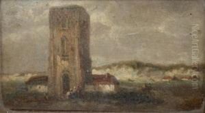 Figures Beside A Coastal Church by Francois Etienne Musin