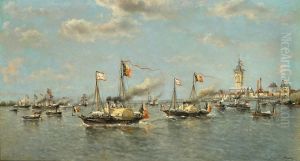 Belgische Vloot Bij Havenuitvaart. by Francois Etienne Musin
