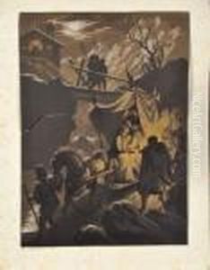 Lavis Noir Et Brun, Rehauts De Blanc Sur Papier Bleu. by Luigi Mussini