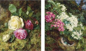 A Bird's Nest Under Apple Blossom; And Roses On A Mossy Bank by Annie Feray Mutrie