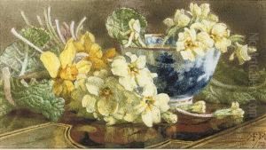 Still Life Of Primroses, Daffodils And A Blue And White Bowl
