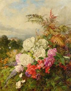 Summer Flowers On A Mossy Bank, A Landscape Beyond