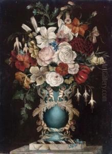 Summer Flowers In An Ornate Vase Decorated With Cherubs by Martha Darley Mutrie