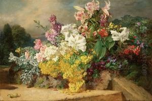 Still Life Of Flowers And Grapes On A Ledge