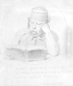 Der Maler Kaspar Braun (1807 Aschaffenburg - 1877 Munchen) Beim Lesen. Bleistift Auf Velin. 26 X 22 Cm. Im Passepartout, Unter Glas Gerahmt, Ruckseitig Auf Altem Schild Voll Bezeichnet.