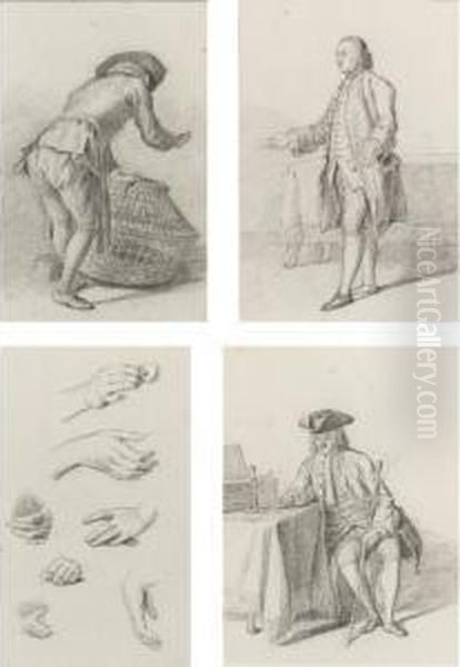 Four Studies: A) A Man Seen From Behind, Holding A Basket; B) A Gentleman Seated At A Table Wearing A Tricorn Hat; C) A Gentleman Standing By A Table With His Arms Outstretched; D) A Sheet Of Studies Of Hands - view 1