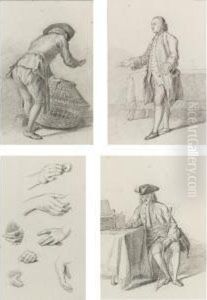 Four Studies: A) A Man Seen From Behind, Holding A Basket; B) A Gentleman Seated At A Table Wearing A Tricorn Hat; C) A Gentleman Standing By A Table With His Arms Outstretched; D) A Sheet Of Studies Of Hands by Nicolaes Muys