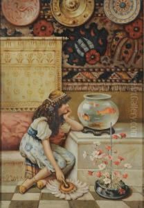 Bambina Con Pesci Ol by Giovanni Muzzioli