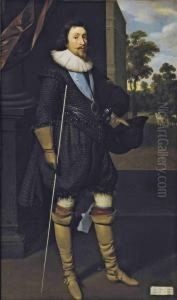 Portrait Of James Hamilton, 2nd Marquis Of Hamilton, K.g. (1589-1625), Full-length, In Black, Holding His Hat And The White Staff Of The Lord Steward Of The Household, Wearing The Ribbon Of The Garter, With A View Across A Terrace To A Landscape With Hors by Daniel Mytens