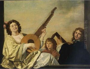 An Elegant Couple Playing A Theorbo-lute And A Lute Together With A Boy Singing