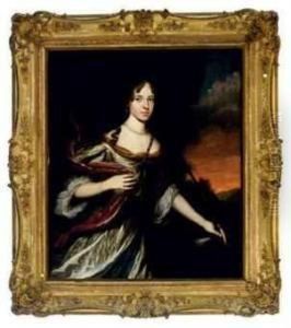 Portrait Of A Lady As Diana, Three Quarter Length, Wearing A Whiteand Lavender Satin Dress In A Landscape With A Dog Portrait Of A Lady As Diana, Three Quarter Length, Wearing A Whiteand Lavender Satin Dress In A Landscape With A Dog