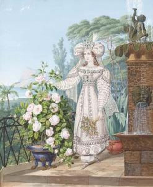 Une Femme Cueillant Une Rose Sur Une Terrasse Donnant Sur Lamer - view 1